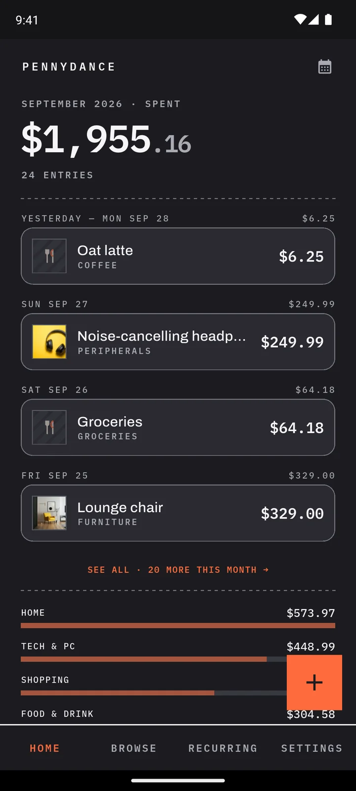 Pennydance home screen: $1,955.16 spent in September, recent buys listed below